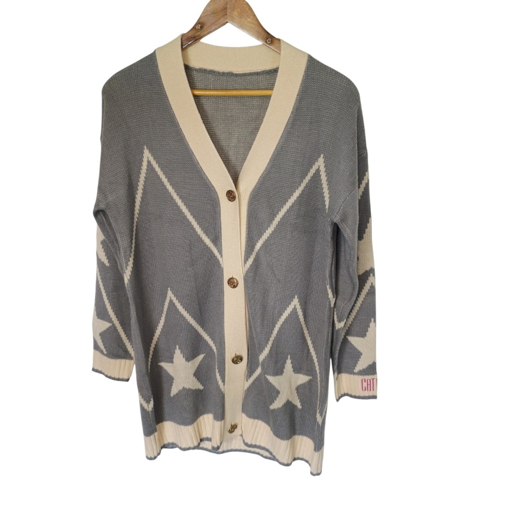 Grey Cream Star Print Longline Cardigan Gold Crest Buttons Embroidered Cathy M